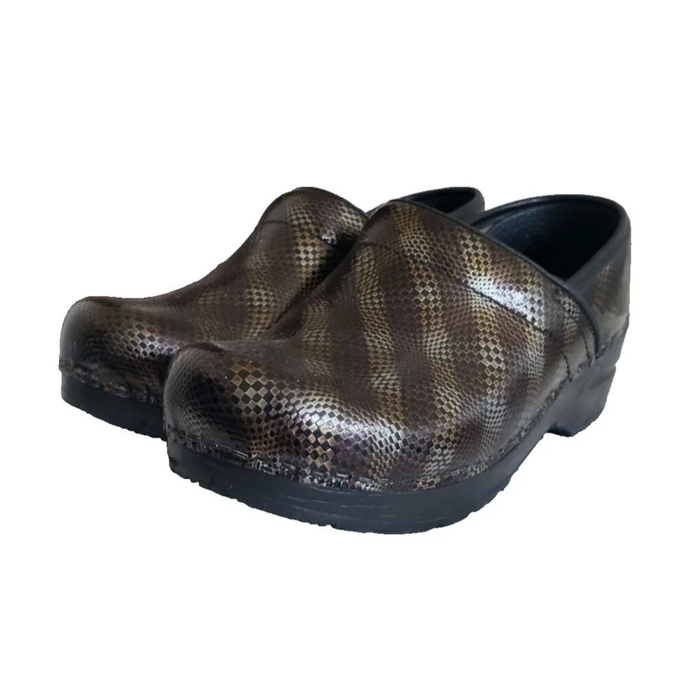 NEW Women's Sz 6 / 36 SANITA Patent Leather Clog Gold Bronze Black Silver Weave